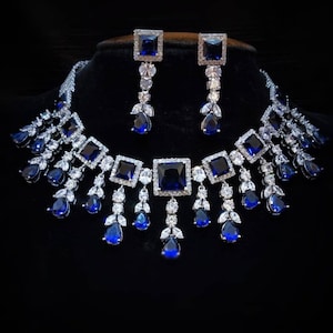 Collier saphir bleu et zircone cubique/Collier indien/ Bijoux indiens/ Collier diamant américain/ Collier de mariage/ Collier diamant/Bleu/