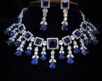 Blue Sapphire Cubic Zirconium Necklace, Indian Jewelry Set