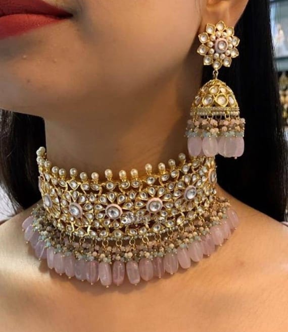 Pink Antique Gold Polki Bridal Choker Necklace Set With Jhumka -  Israel