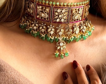 Kundan Choker Necklace with Jhumka Earrings: Ruby, Mint, Moissanite