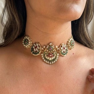 Ruby Red and Emerald Green Kundan Polki Choker Set with Chandbali Earrings for Brides