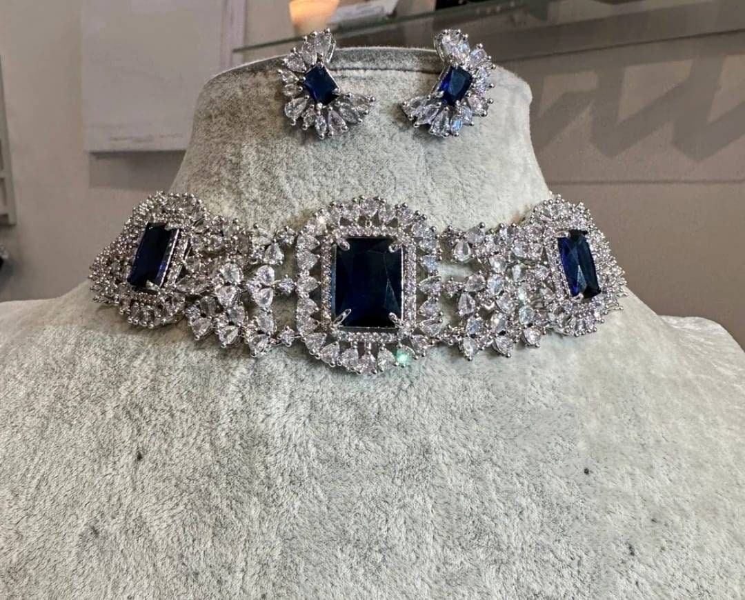 Sapphire Blue Princess Strands Choker Necklace/ Emerald