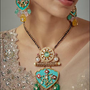 Premium Amrapali Inspired Peacock Turquoise Feroza Uncut Moissanite Polki Kundan Pendant Necklace Set Indian Pakistani Bollywood Jadau Set