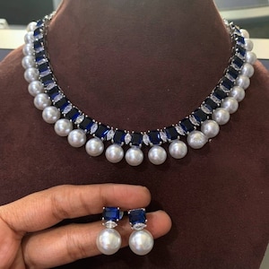 Single Line Royal Blue Sapphire Pearl Diamond Necklace Set With Stud Earrings/Elegant Diamond Jewelry Set/Statement Jewelry Set/Pakistani/