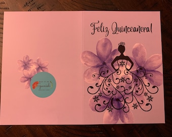 Feliz Quinceanera ! / Joyeux 15e anniversaire ! -Message espagnol à l'intérieur / carte d'anniversaire sur mesure - 5 x 7"