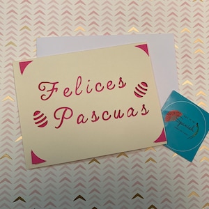 Felices Pascuas / Happy Easter - Fun Cards, Say it in Spanish, Easter Holiday Card, Beige & Fuchsia, Holiday Cards, Easter Card