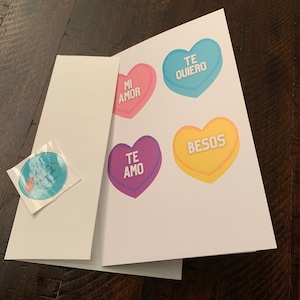 Spanish Candy Heart Note Greeting Card - 5x7" w/ envelope, Blank, San Valentine, Valentine’s Day, Te Amo, Mi Amor, Te Quiero, Besos