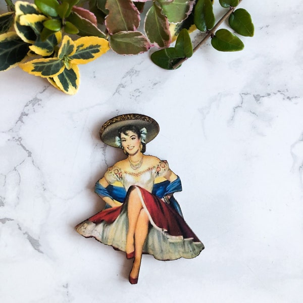 Latin lady wooden cutout for crafting and jewellery making.