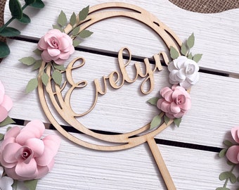 Personalized 1st Birthday Cake Topper: Custom Wood Name, Floral Decor