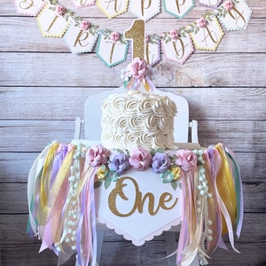 Pastel Rainbow 1st Birthday High Chair Banner, ONE Banner, Baby Girl Banner, Floral Banner, Cake topper, Birthday Banner, Photo Shoot