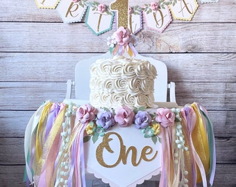 Pastel Rainbow Floral High Chair Banner: First Birthday Decor