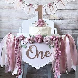 Dusty Pink Floral High Chair Banner: First Birthday Decor