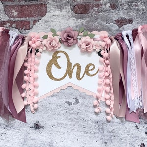 Dusty Rose 1st Birthday High Chair Banner, ONE Banner, Baby Girl Banner, Floral Banner, Cake topper, Birthday Banner, Photo Shoot