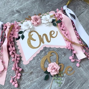 Sweet Pink 1st Birthday High Chair Banner, ONE Banner, Baby Girl Banner, Floral Banner, Cake topper, Birthday Banner, Photo Shoot