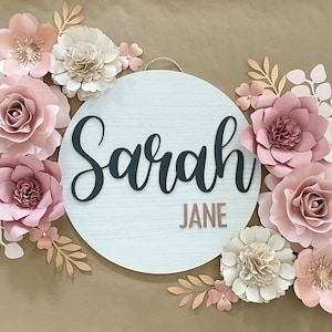 Set di fiori di carta rosa malva oro rosa, decorazione da parete con fiori di carta per la cameretta dei bambini, fiori per la cameretta delle bambine, fiori di carta, decorazioni per la cameretta dei bambini, nome rotondo in legno