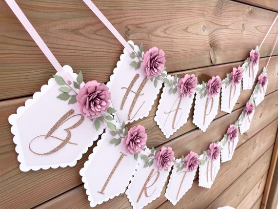 Mauve Pink Roses Happy Birthday Banner: Floral Party Decor