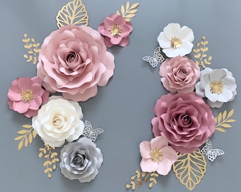 Mauve Pink Paper Flower Set, Nursery Paper Flower Wall Decor, Baby Girl Nursery Flowers, Paper Flowers, Nursery Paper Flowers