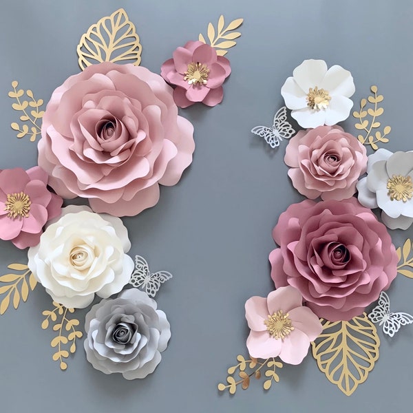 Mauve Pink Paper Flower Set, Nursery Paper Flower Wall Decor, Baby Girl Nursery Flowers, Paper Flowers, Nursery Paper Flowers