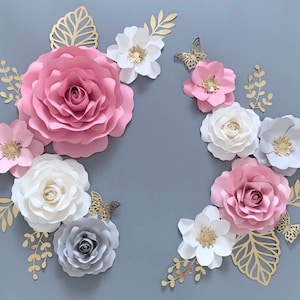 Set di fiori di carta rosa e grigi, decorazione da parete con fiori di carta per la cameretta dei bambini, fiori per la cameretta delle bambine, fiori di carta, fiori di carta per la cameretta dei bambini