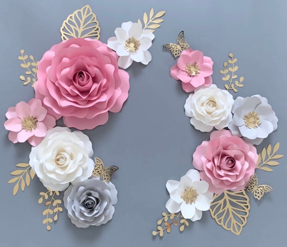 Juego de flores de papel gris rosa, Decoración de pared de flores de papel  de guardería, Flores de vivero de niña, Flores de papel, Flores de papel de