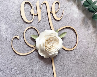 Floral &quot;One&quot; Birchwood Cake Topper: 1st Birthday Centerpiece