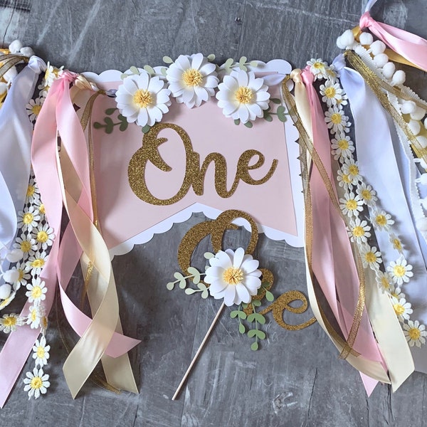 Daisy Pink 1st Birthday High Chair Banner, ONE Banner, Daisy ONE Banner, Baby Girl Banner, Floral Banner, Cake topper, Birthday Banner