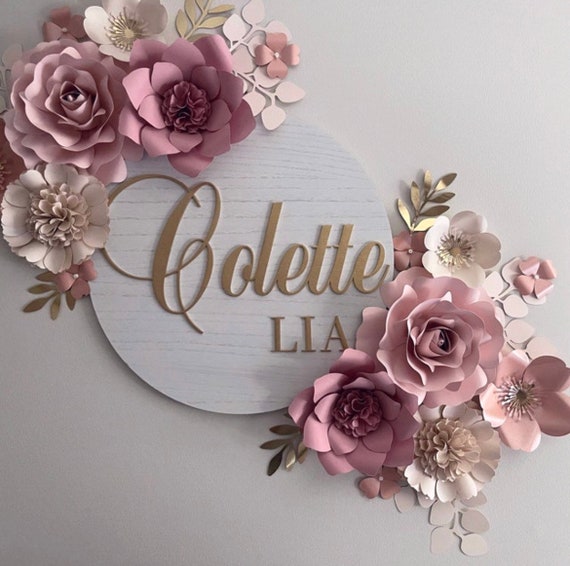 Pink Paper Flower Nursery Decor: Mauve Gold Floral Name Sign