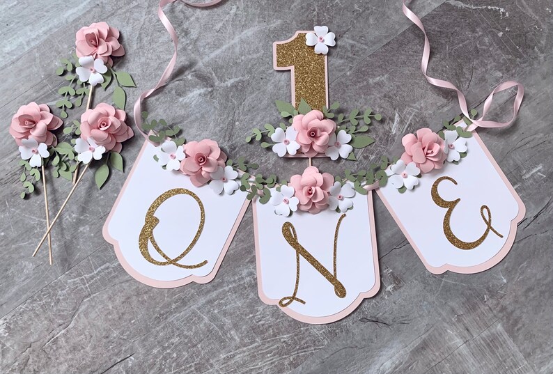 Cake topper Baby Girl Banner ONE Banner 1st Birthday High Chair Banner Floral Banner Photo Shoot Birthday Banner