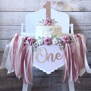 Dusty Rose First Birthday High Chair Banner: Floral Party Decor