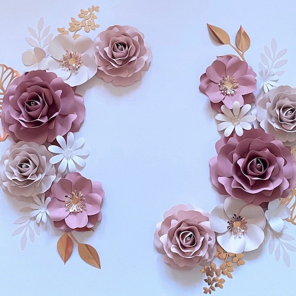 Ensemble de fleurs en papier rose mauve/or rose, décoration murale fleurs en papier pour chambre de bébé, fleurs pour chambre de bébé fille, fleurs en papier, fleurs en papier pour chambre de bébé