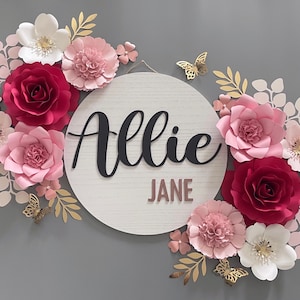 Merlot & Pink Paper Flower Set with Wood Name Sign