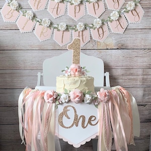 1st Birthday High Chair Banner, ONE Banner, Baby Girl Banner, Floral Banner, Cake topper, Birthday Banner, Photo Shoot