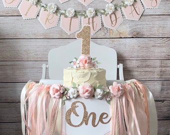 1st Birthday High Chair Banner, ONE Banner, Baby Girl Banner, Floral Banner, Cake topper, Birthday Banner, Photo Shoot