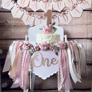 Rose, Gold Champagne 1st Birthday High Chair Banner, ONE Banner, Baby Girl Banner, Floral Banner, Cake topper, Birthday Banner, Photo Shoot