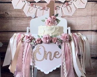 Rose Gold 1st Birthday High Chair Banner: Floral Party Decor
