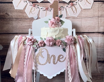 Rose, Gold Champagne 1st Birthday High Chair Banner, ONE Banner, Baby Girl Banner, Floral Banner, Cake topper, Birthday Banner, Photo Shoot