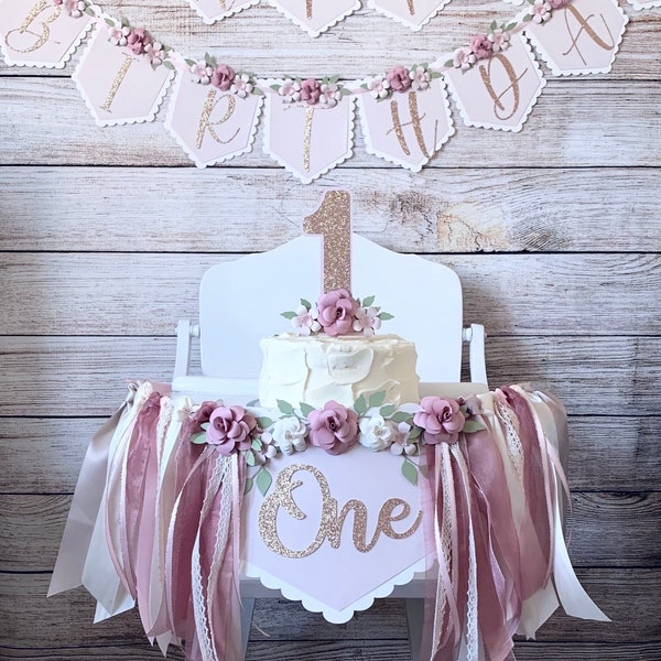 Dusty Rose 1st Birthday High Chair Banner, Mauve ONE Banner, Baby Girl Banner, Floral Banner, Cake topper, Birthday Banner, Photo Shoot