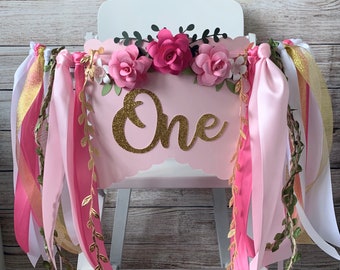 1st Birthday High Chair Banner, ONE Banner, Baby Girl Banner, Floral Banner, Cake topper, Birthday Banner, Photo Shoot