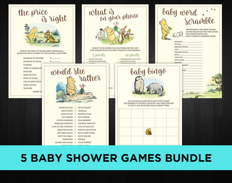 Winnie the Pooh Baby Shower Games Printable Bundle Baby Bingo Word Scramble Bingo The Price is Right Instant Download Digital
