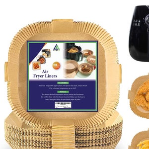 May include: A stack of 100 brown paper air fryer liners. The liners are oil-proof, non-stick, and grease-proof. They can withstand temperatures up to 428 degrees Fahrenheit. The image also shows an air fryer, fried chicken, and french fries.