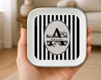 Personalized Jewelry Dish Ceramic Ring Holder Monogram Trinket Tray Gold Trim Striped Pattern Bridesmaid Gift Vanity Organizer Dresser