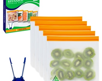 PEVA Reusable Gallon Freezer Bag, 5 Pack Leak-proof Freezer Bag with Drying Rack, Reusable Storage Bag Extra Thick for Veggies, Fruit & Meat