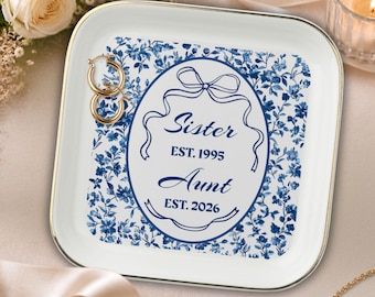 Personalized Toile De Jouy  Pregnancy Announcement Gift Sister Reveal Becoming Aunt Promotion Present Jewelry Holder Trinket Dish Ring