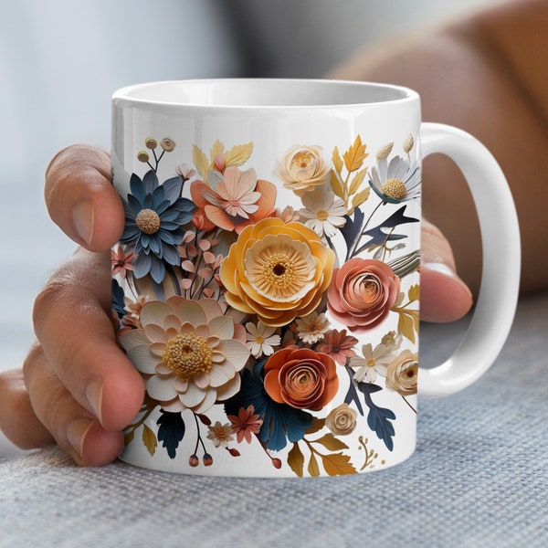 Floral Symphony Coffee Mug, Colorful Paper Art Flowers, Decorative Ceramic Cup for Home and Office, artful floral arts, floral artful