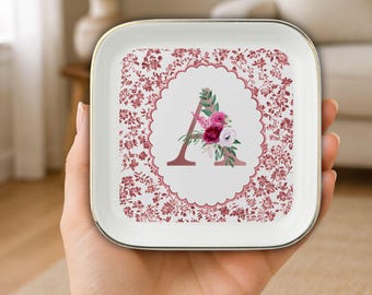 Personalized Toile De Jouy Ring Dish Monogram Ring Dish  Bow Toile De Jouy Custom Initial Name Jewelry Tray  Ceramic Floral Trinket Dish