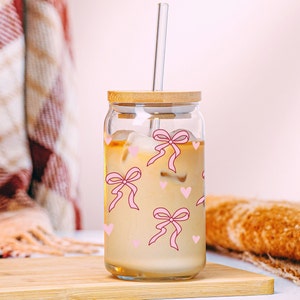 Bow Coquette Cup, Pink Bow Glass 16oz Cup , Gift for Mom, Trendy Coquette Coffee Cup, Cottagecore Aesthetic Ice Coffee Cup