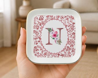 Monogram Jewelry Dish Ceramic Ring Holder Personalized  Toile De Jouy Initial Ring Trinket Dish Bow Toile Plate Gold Rim Organizer