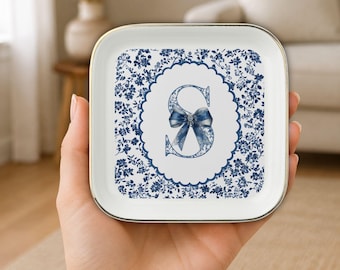 Monogram Ring Dish Blue Bow Toile De Jouy Custom Initial Name Jewelry Tray Trinket Dish Personalized Bridesmaid Gift Birthday Keepsake