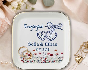 Engagement Ring Dish Personalized Couple Jewelry Holder Ceramic Heart Wildflower Bride Keepsake Trinket Tray Wedding Gift Bridal Shower Gift