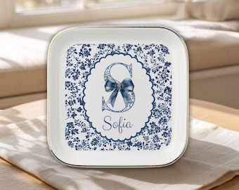 Personalized Toile De Jouy Ring Dish Monogram Ring Dish Blue Bow Toile De Jouy Custom Initial Name Jewelry Tray  Ceramic Floral Trinket Dish